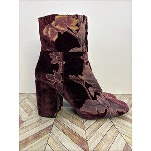 Steve Madden Goldie Velvet Floral Ankle Booties Block Heel Burgundy Maroon 11